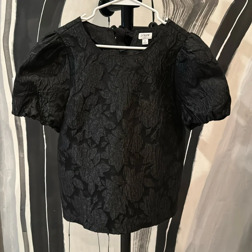J. Crew Black Textured Puff-Sleeve Blouse